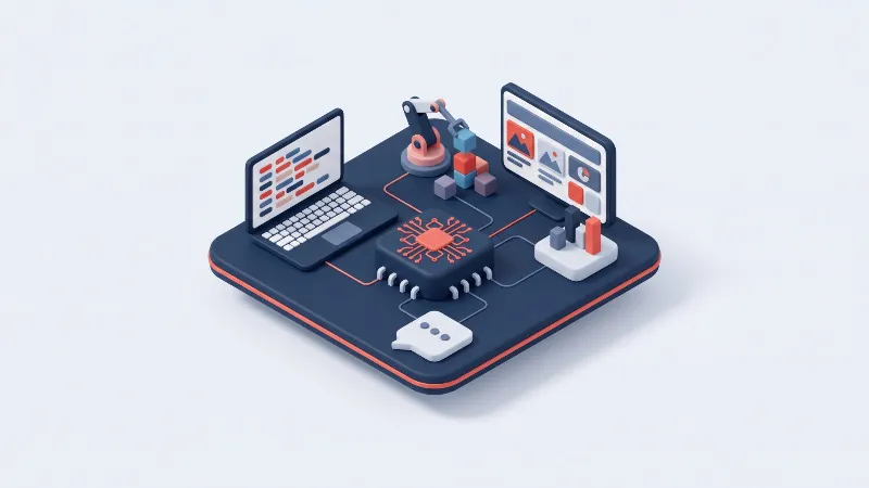 Isometrische Illustration zu KI-gestützter Softwareentwicklung und Automatisierung
