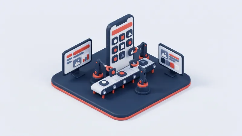 Mobil uygulama platformunu temsil eden montaj bandında telefon, uygulama ikonları ve bildirim zili