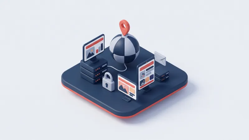 Servers, a padlock and a globe representing domains, hosting, SSL and business email