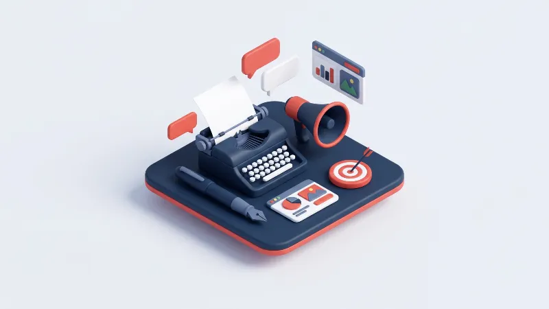 Typewriter, fountain pen, megaphone and target representing advertising copywriting