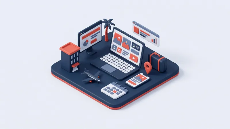 Airplane, hotel, suitcase and booking screen representing travel agency software