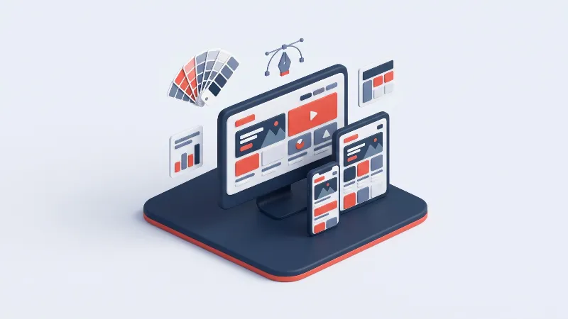 Duyarlı (responsive) web tasarımını temsil eden masaüstü, tablet ve telefon ekranları